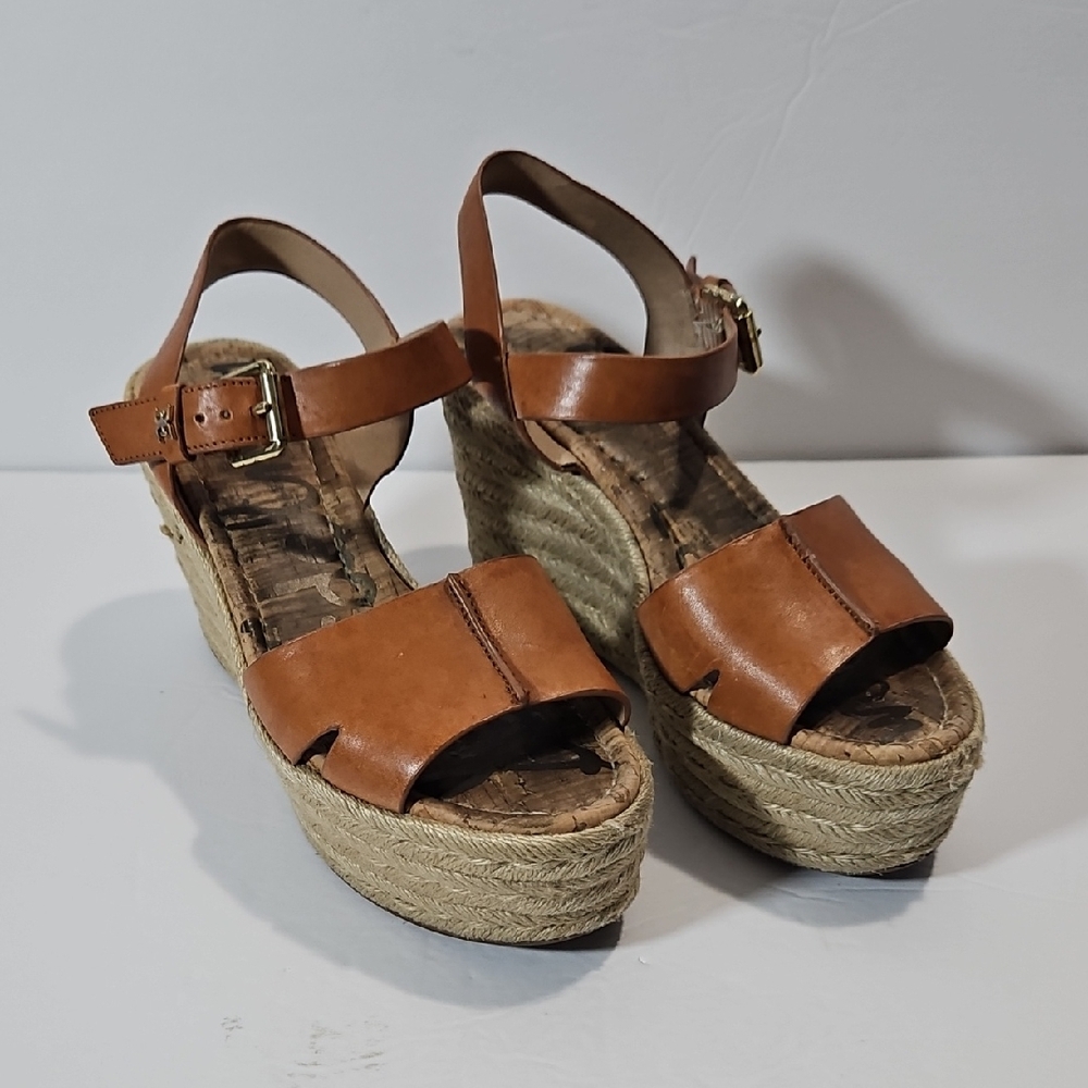 Sam Edelman Maura Wedge Platform Espadrills 8 Leather Brown Gold Sandals